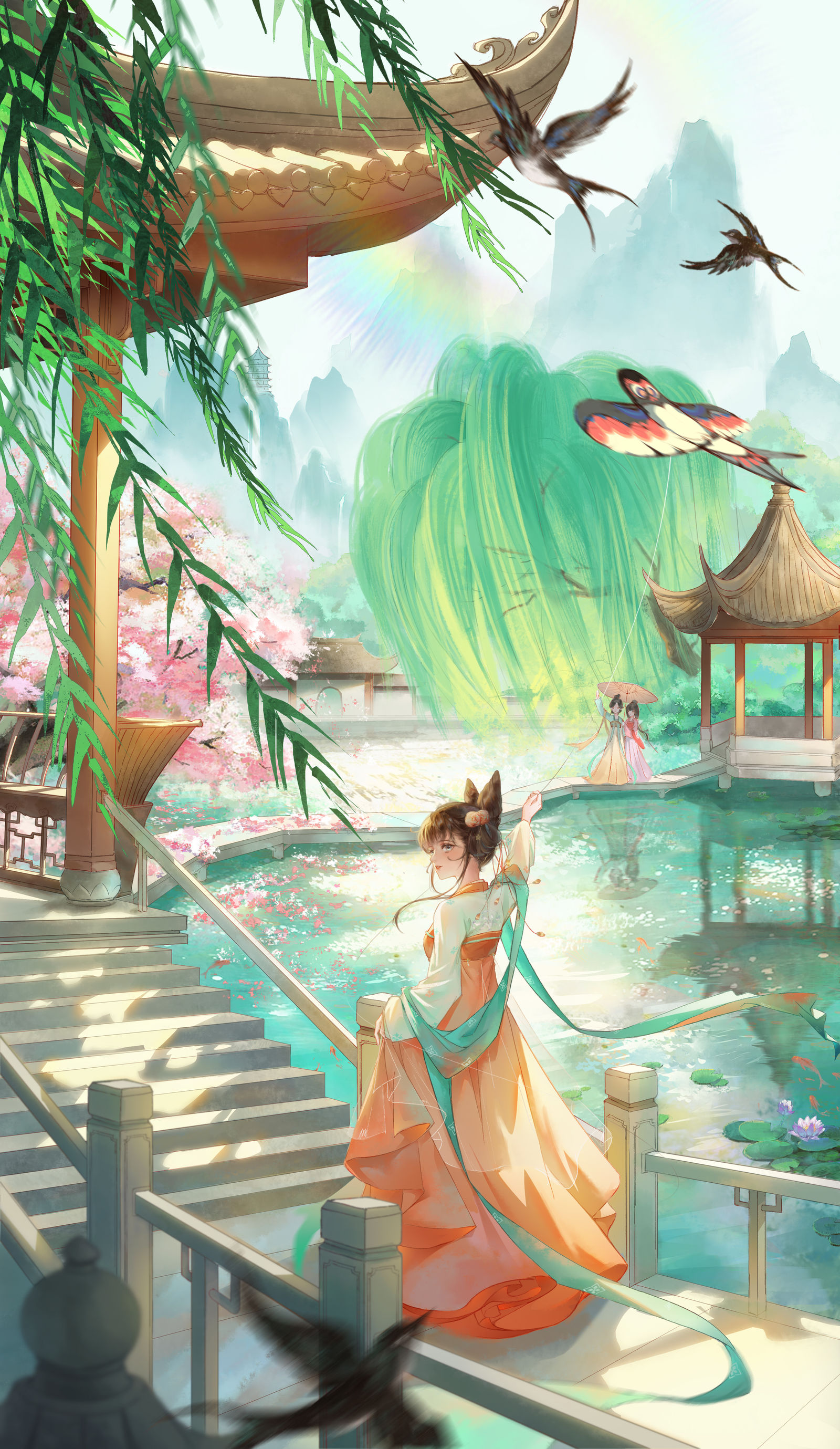 个人原创系列插画《阳春三月-湖心亭》插画图片壁纸