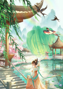 个人原创系列插画《阳春三月-湖心亭》插画图片壁纸