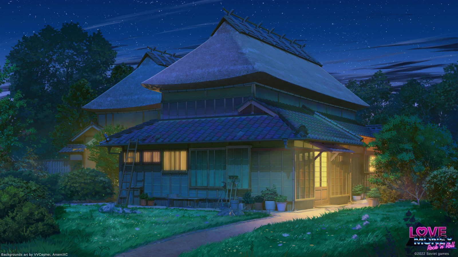 日本村的家夜插画图片壁纸