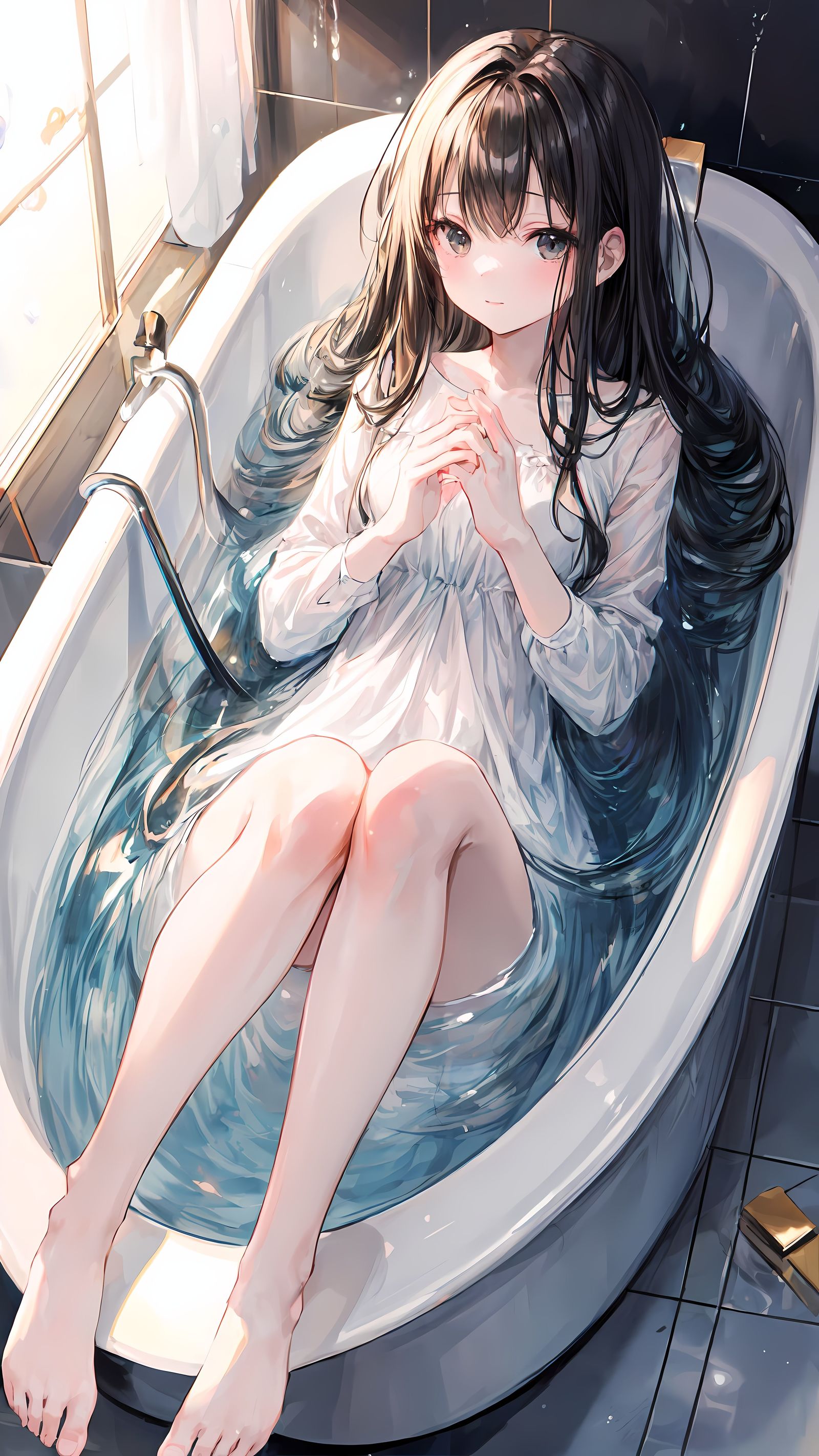 躺在浴缸上的少女插画图片壁纸