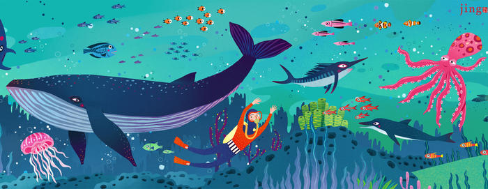 绘制的大横幅海洋动物海洋鱼类拼图插画 鲸鱼 鲨鱼 海豚 蝙蝠鱼 海马 水母 潜水员 探险插画图片壁纸