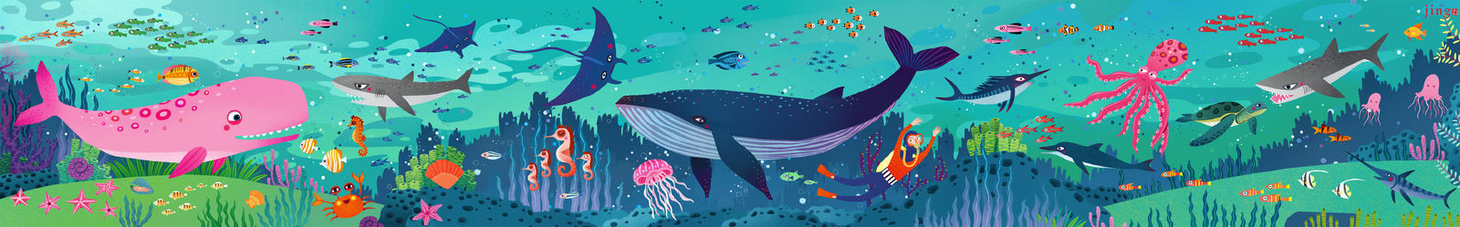 绘制的大横幅海洋动物海洋鱼类拼图插画 鲸鱼 鲨鱼 海豚 蝙蝠鱼 海马 水母 潜水员 探险头像同人高清图