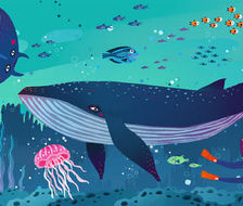 绘制的大横幅海洋动物海洋鱼类拼图插画 鲸鱼 鲨鱼 海豚 蝙蝠鱼 海马 水母 潜水员 探险