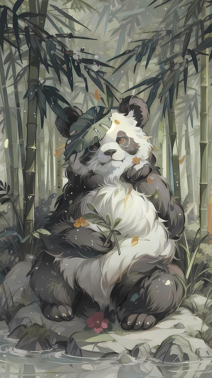 竹林深处，熊猫的宁静世界插画图片壁纸