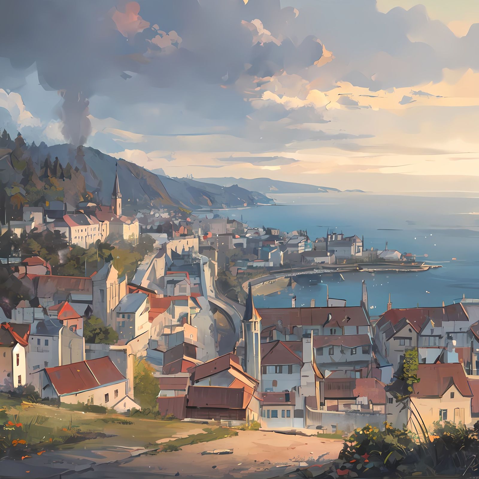 旧欧洲沿海城市的风景画插画图片壁纸