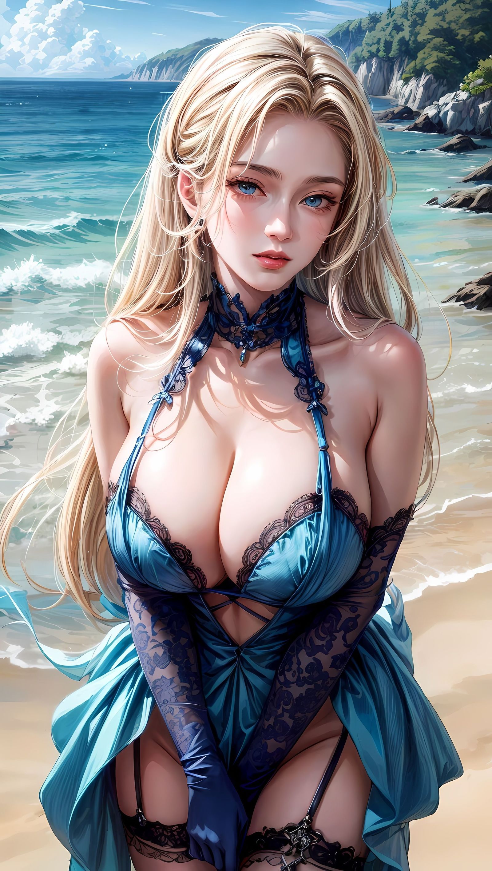 沙滩醉卧美人膝-2.5D写实ai美女