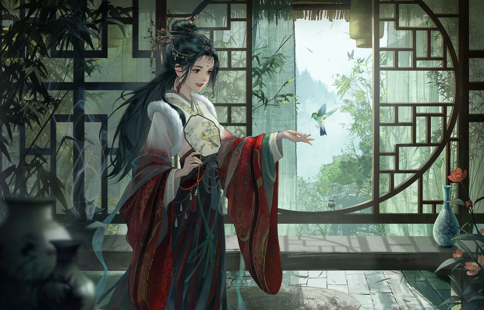 红裳佳人依竹下，清风徐来满庭芳。插画图片壁纸
