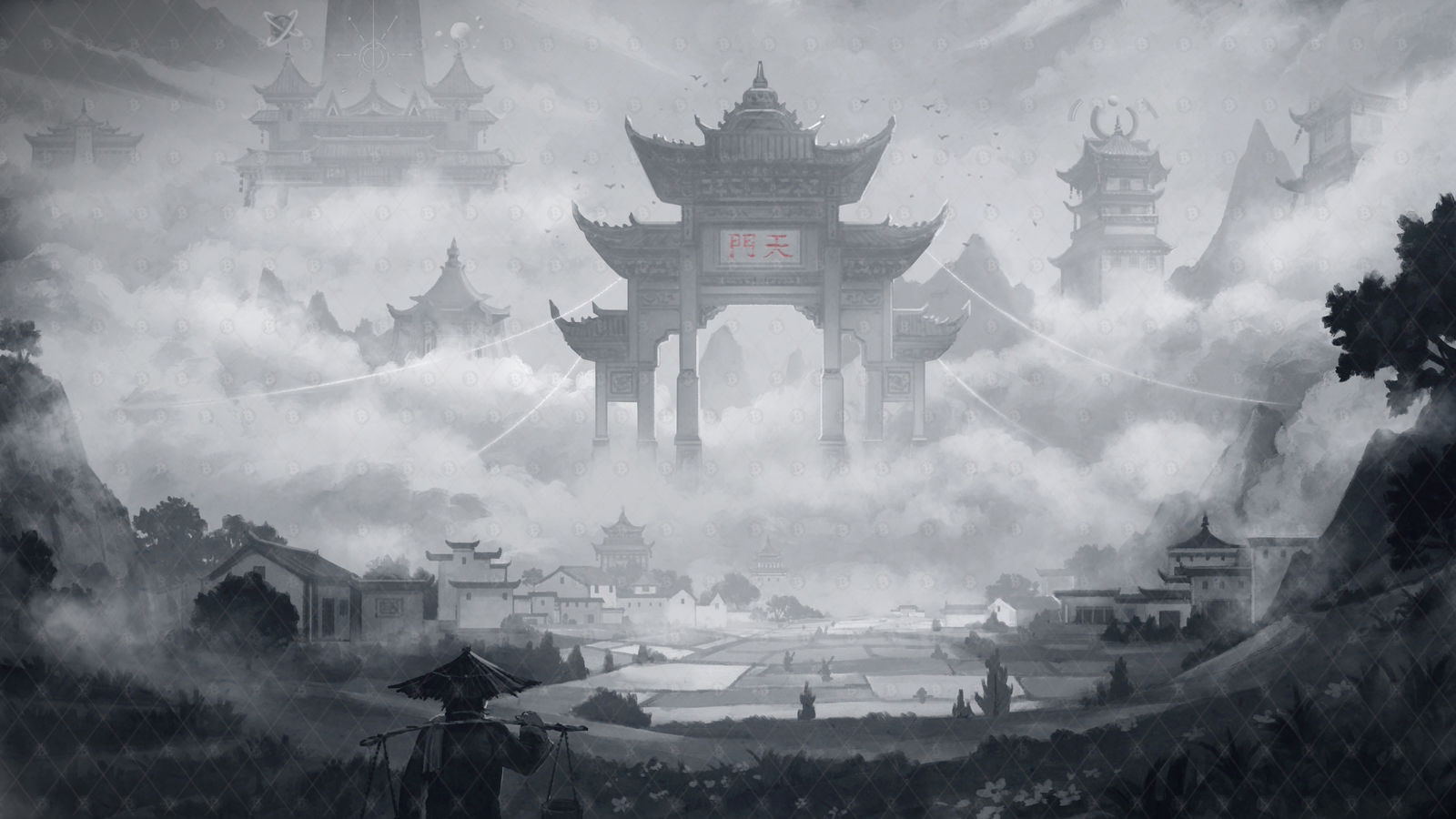 oc世界观黑白氛围场景【天门】插画图片壁纸