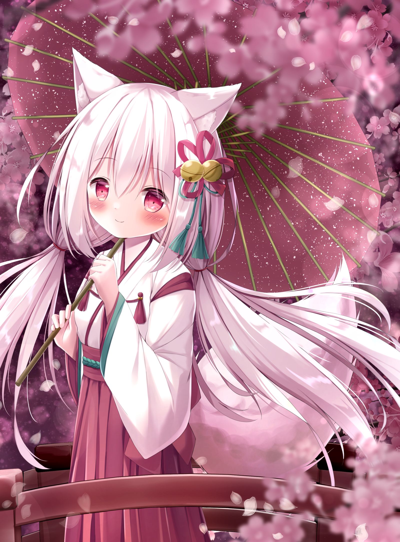 夜樱与狐狸巫女插画图片壁纸