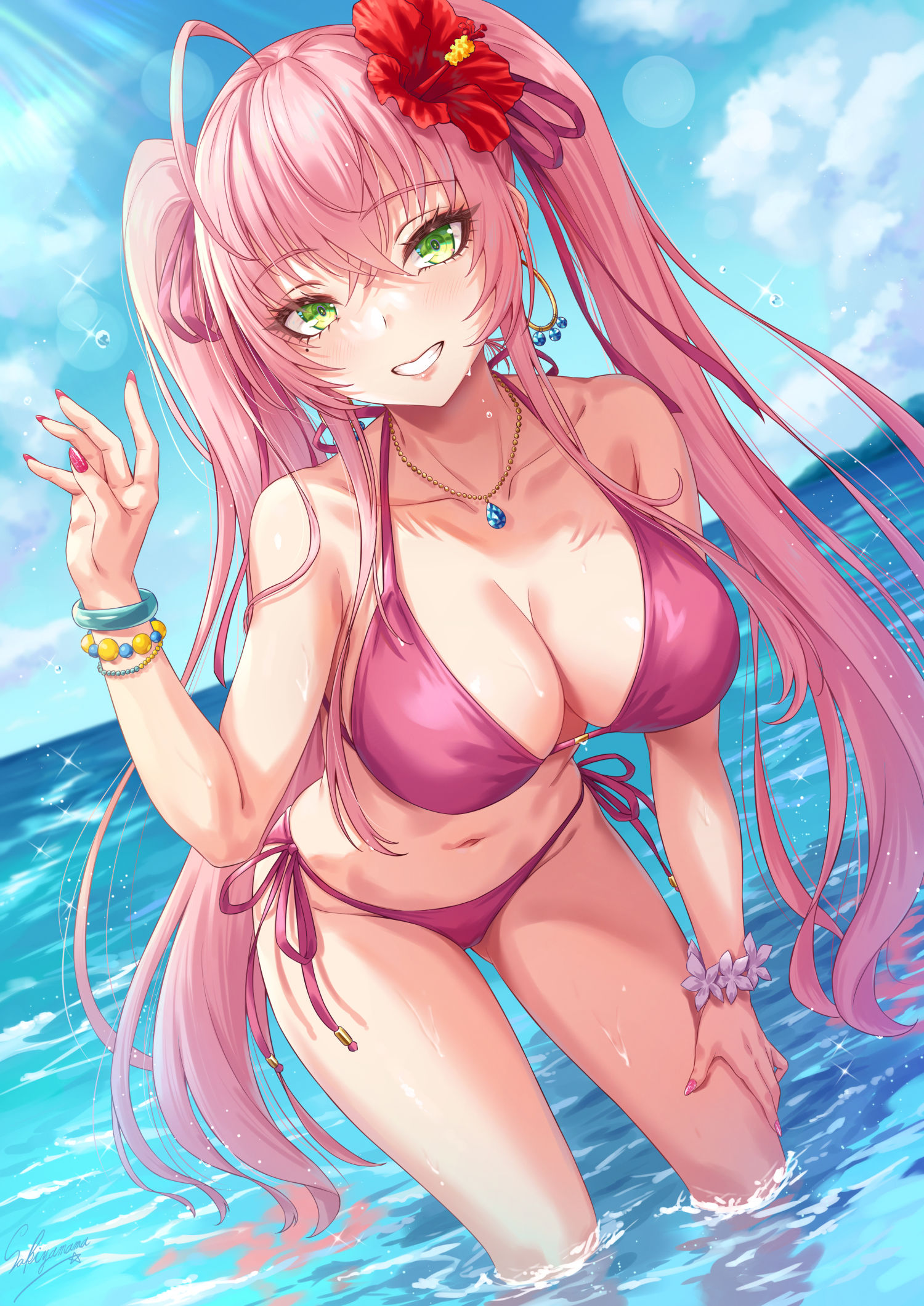 泳装粉色双马尾姐姐插画图片壁纸