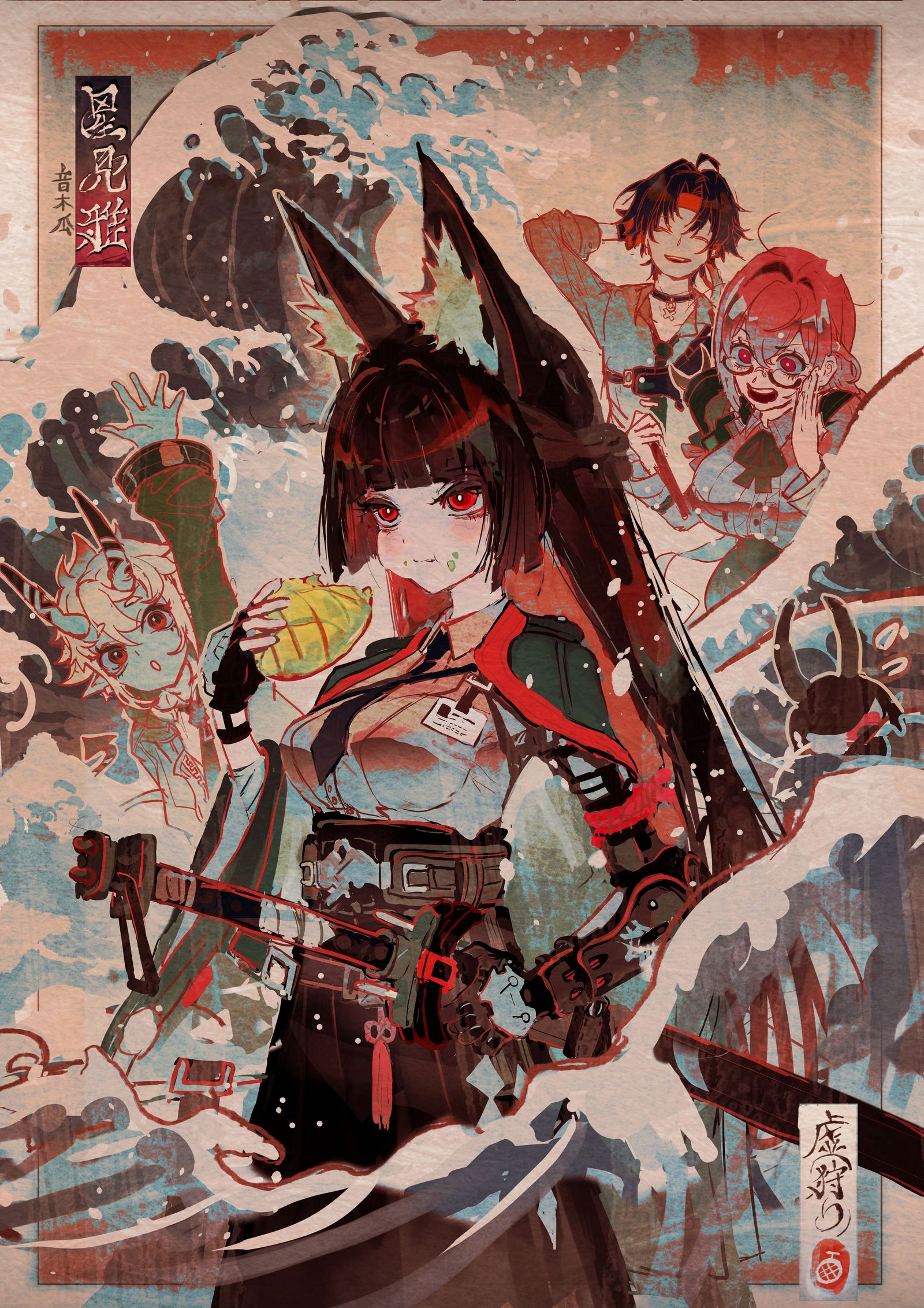 被波浪冲击的修行插画图片壁纸