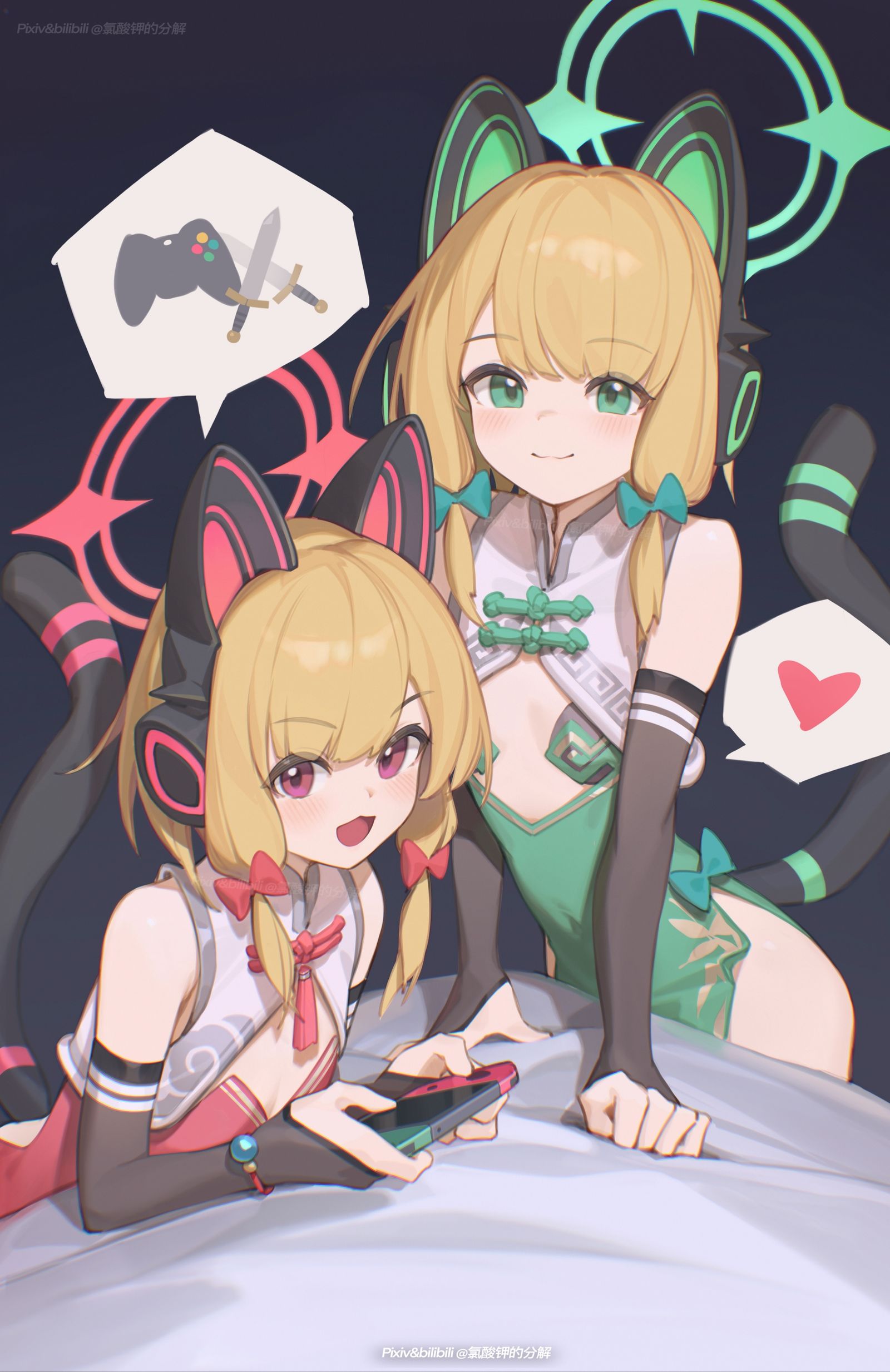 桃子&绿鸟插画图片壁纸
