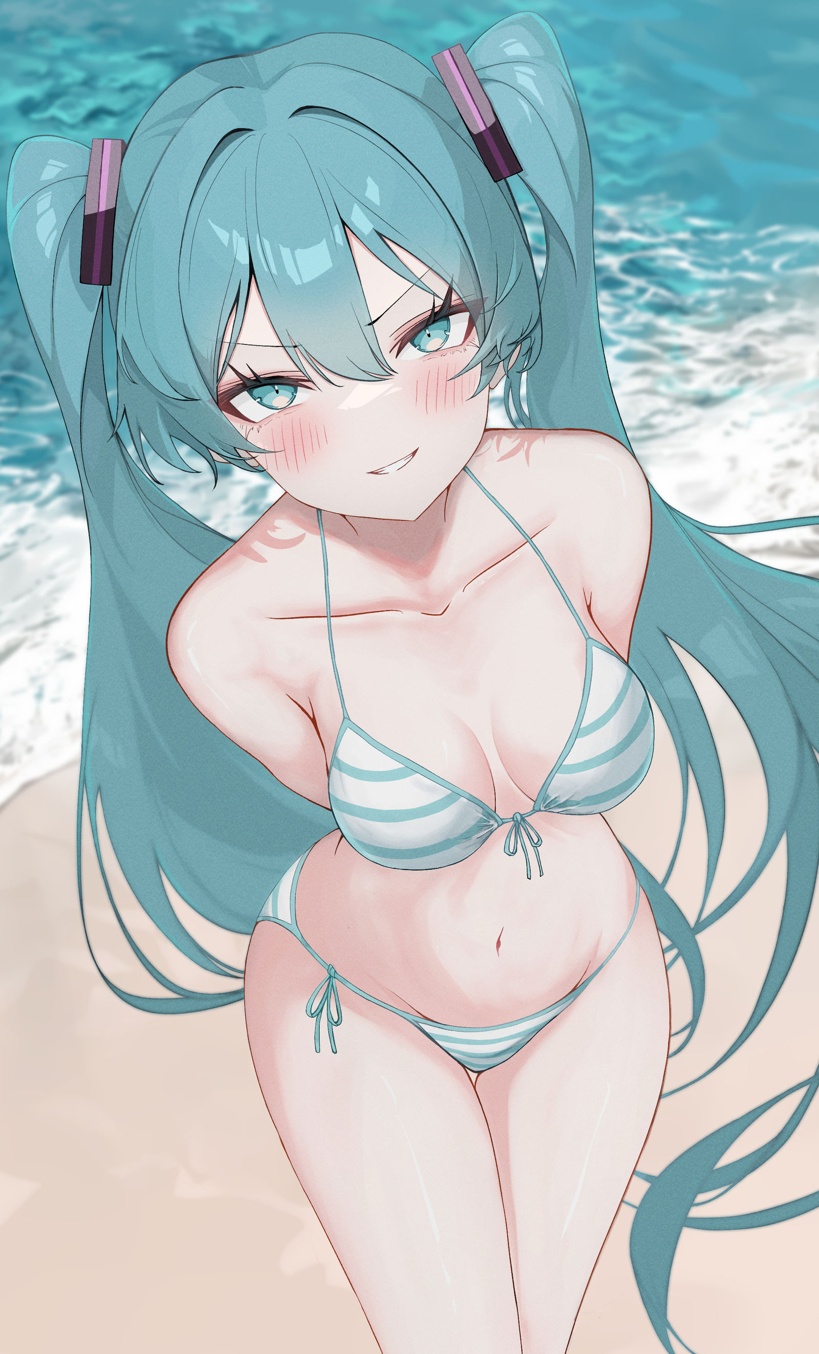 窥视着眼睛的地方感到为难的主人的初音未来先生插画图片壁纸