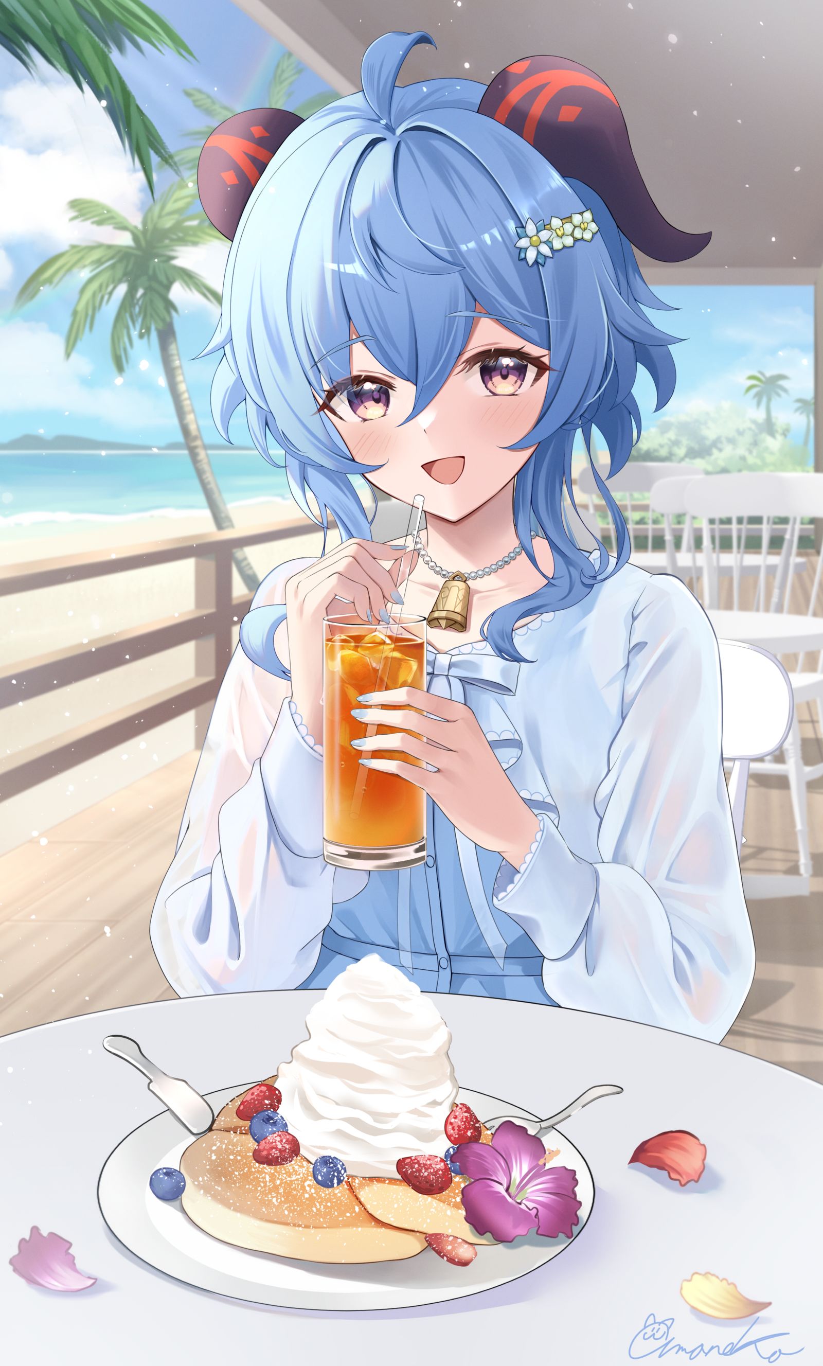 和甘雨在海边的咖啡店约会