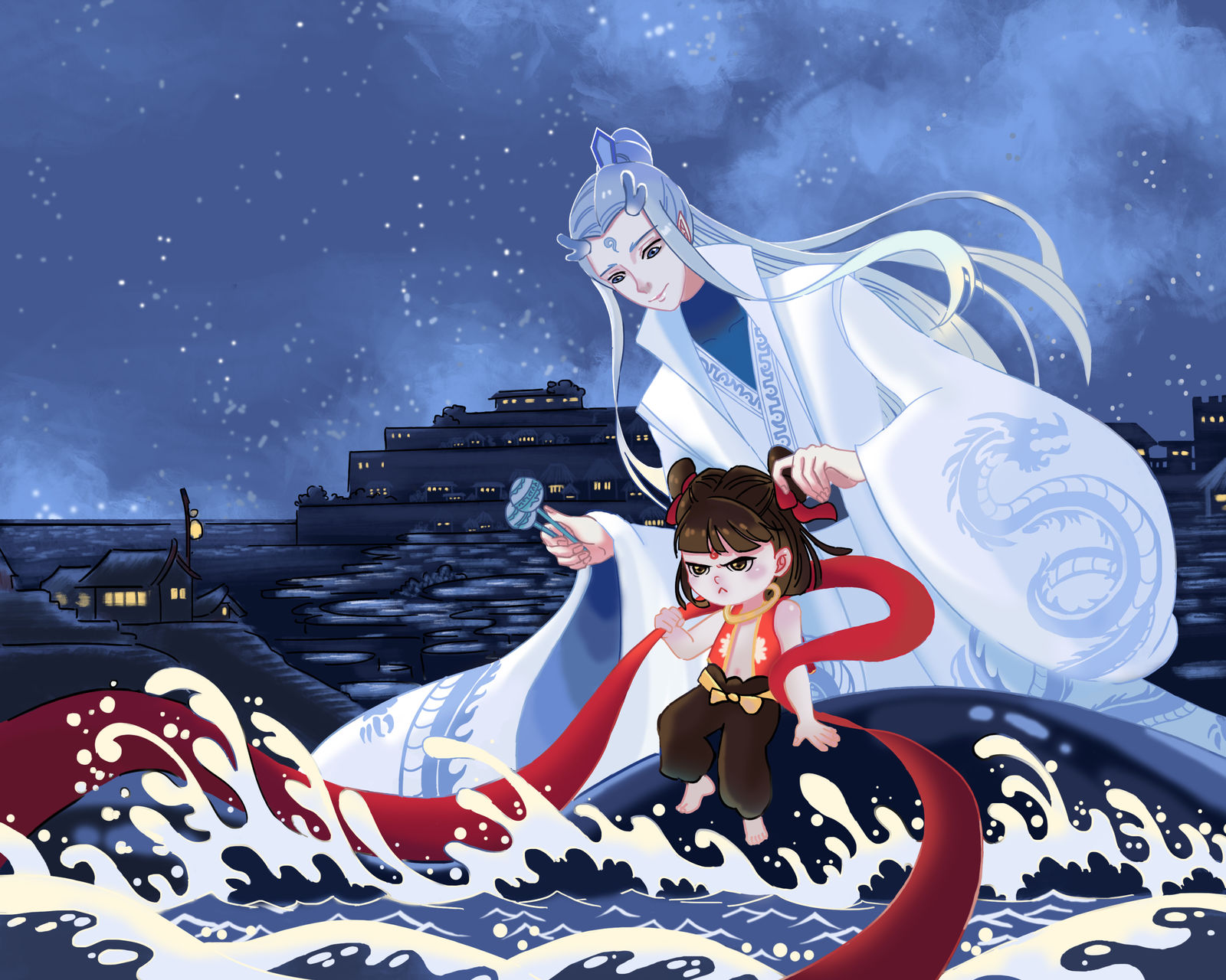星夜戏水插画图片壁纸