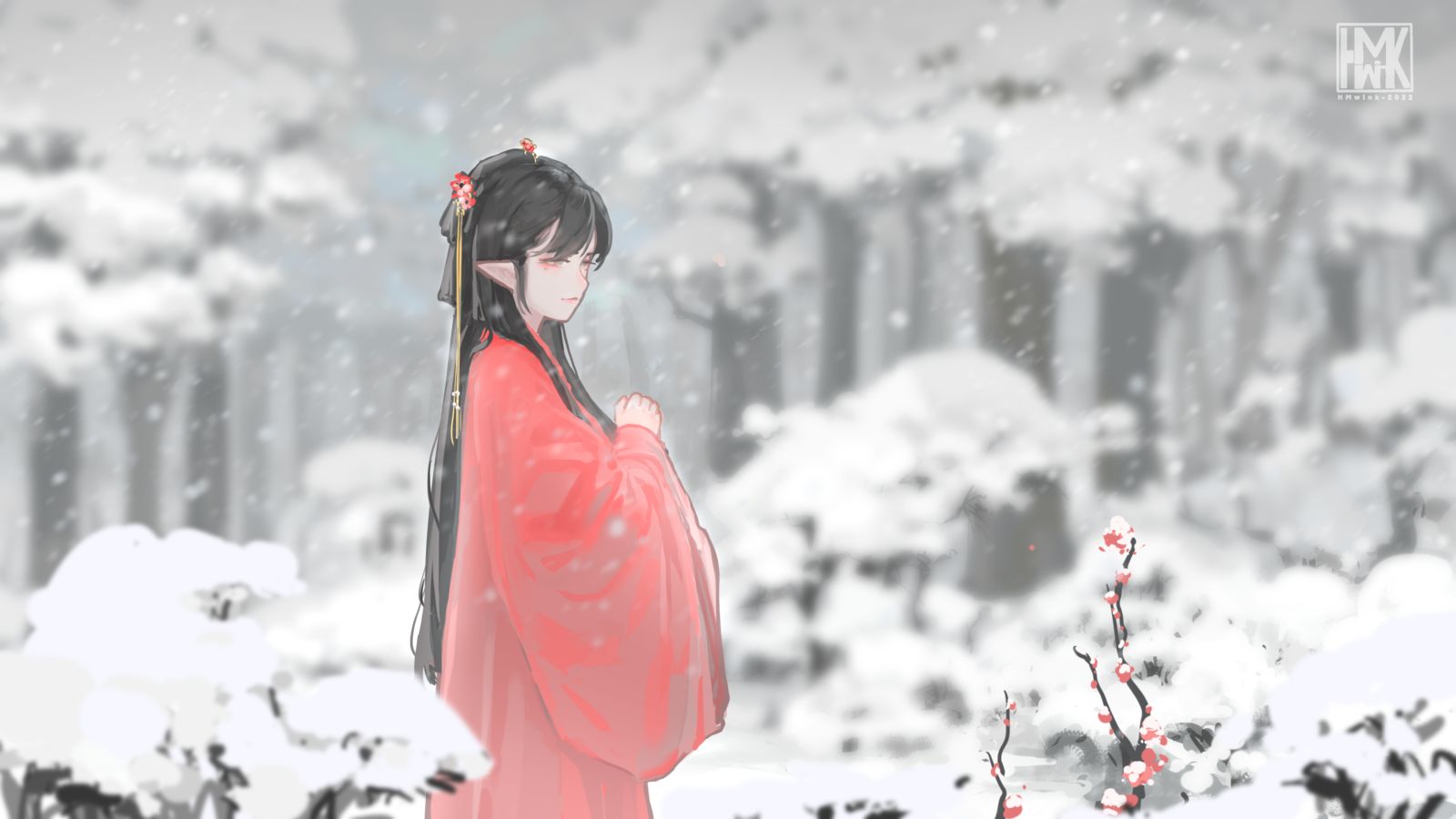 红衣飘雪-插画美女