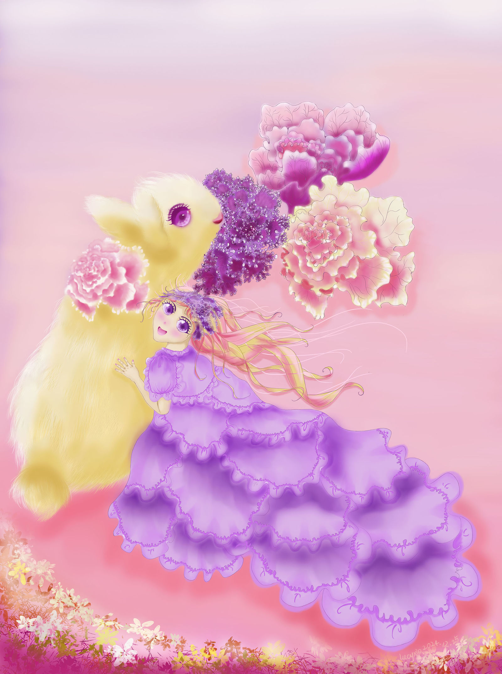 女孩和兔兔-萝莉插画可爱插画