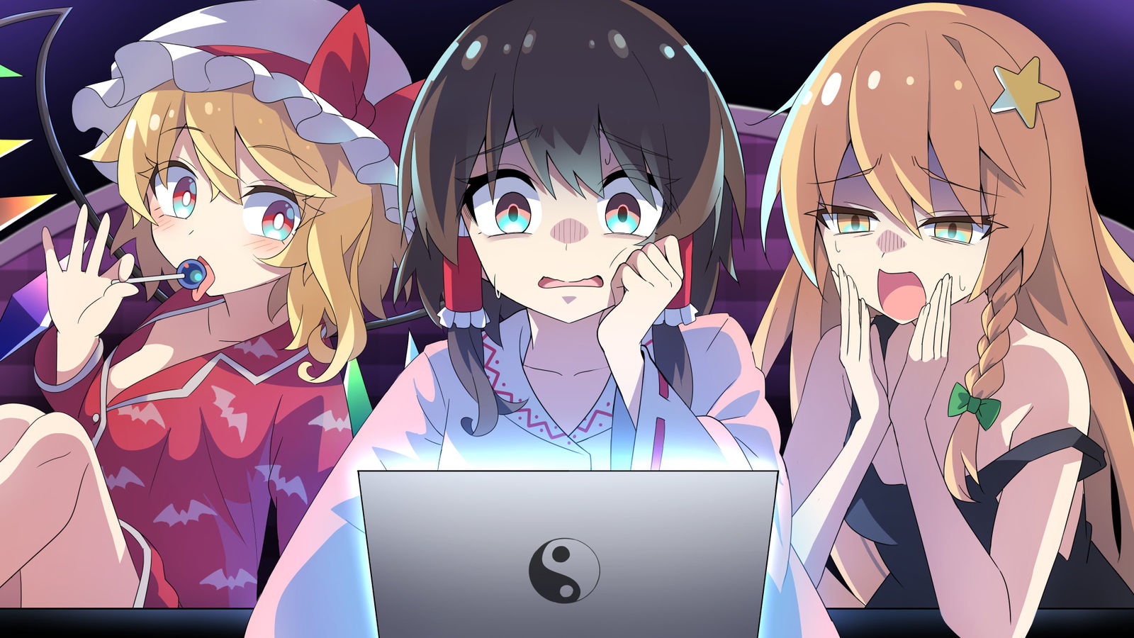フラン・霊夢・魔理沙とホラーゲームの夜插画图片壁纸