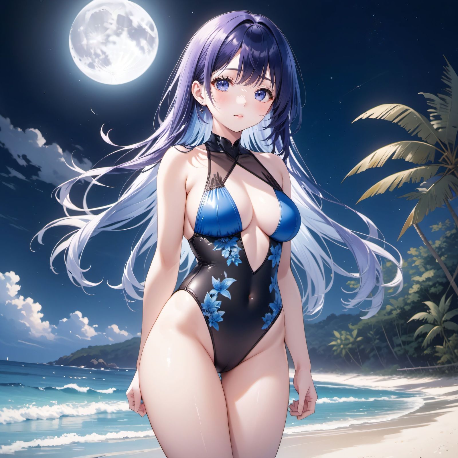 紫毛少女，泳衣，沙滩插画图片壁纸