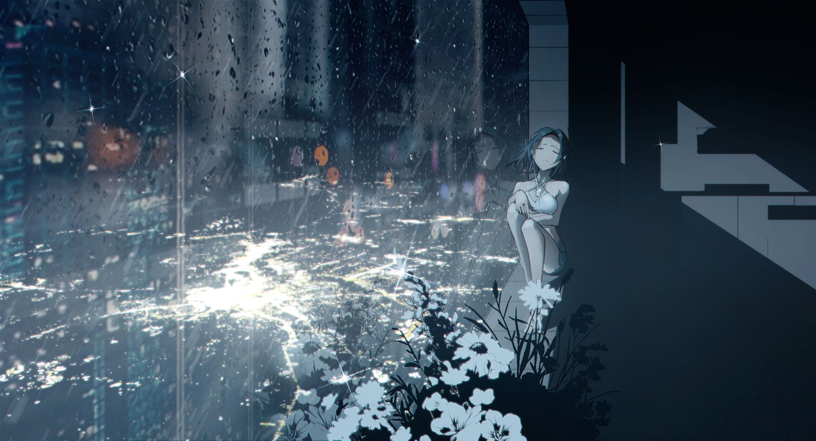 夜景雨天插画图片壁纸