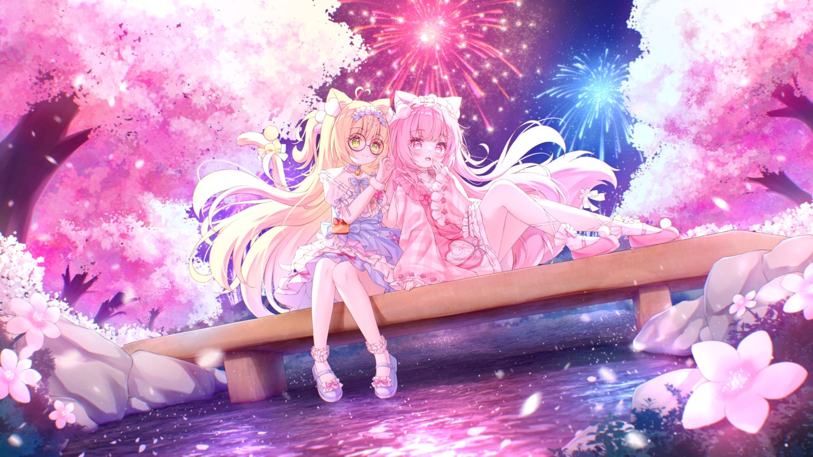 【委托】樱花树下贴贴~插画图片壁纸