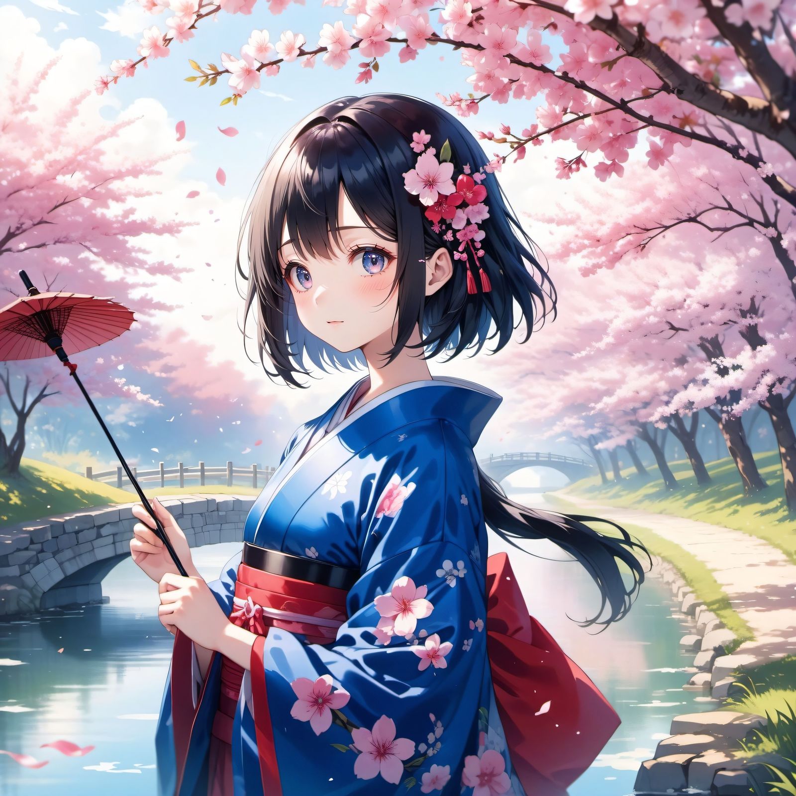 樱花树下的和服少女插画图片壁纸