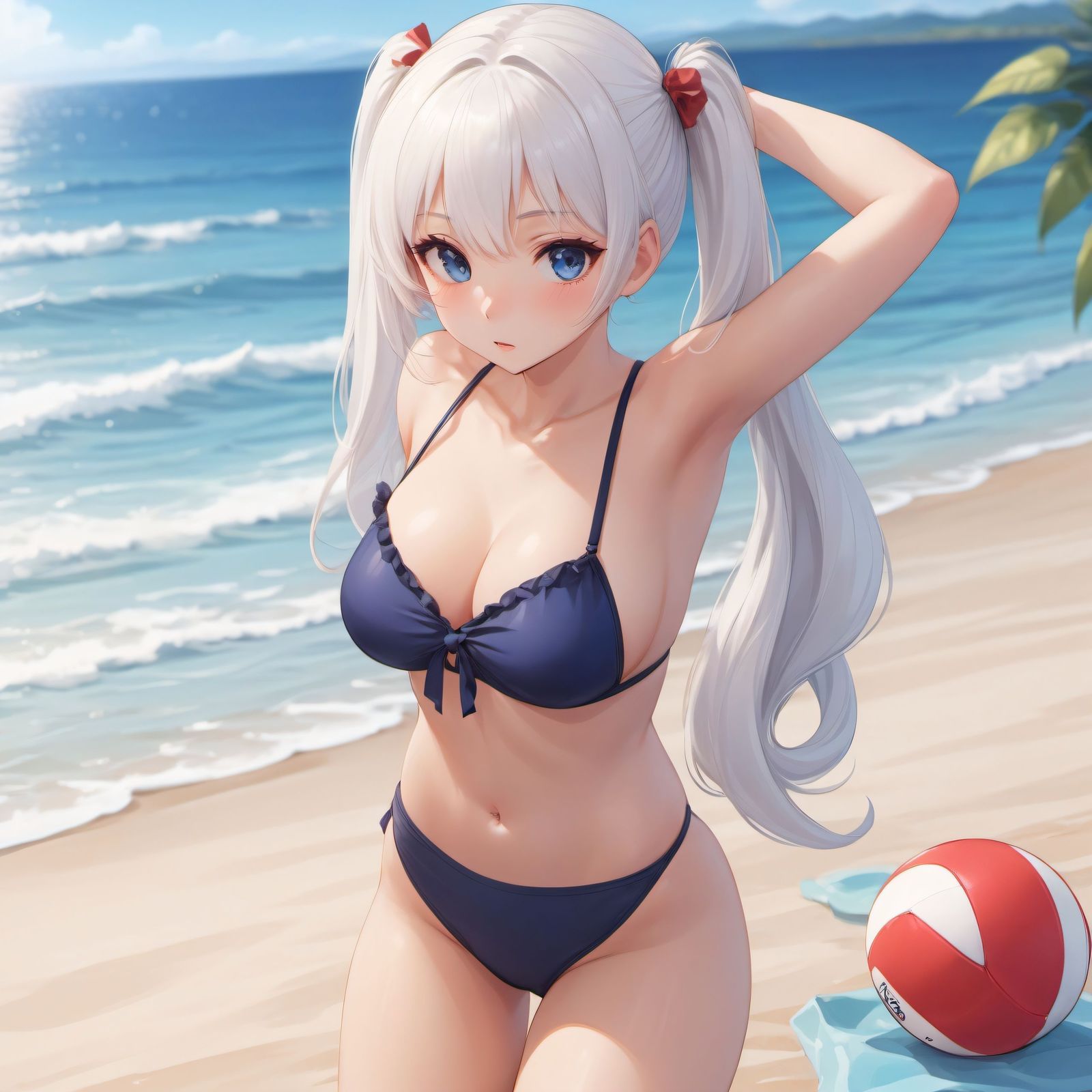 白发双马尾的沙滩少女插画图片壁纸