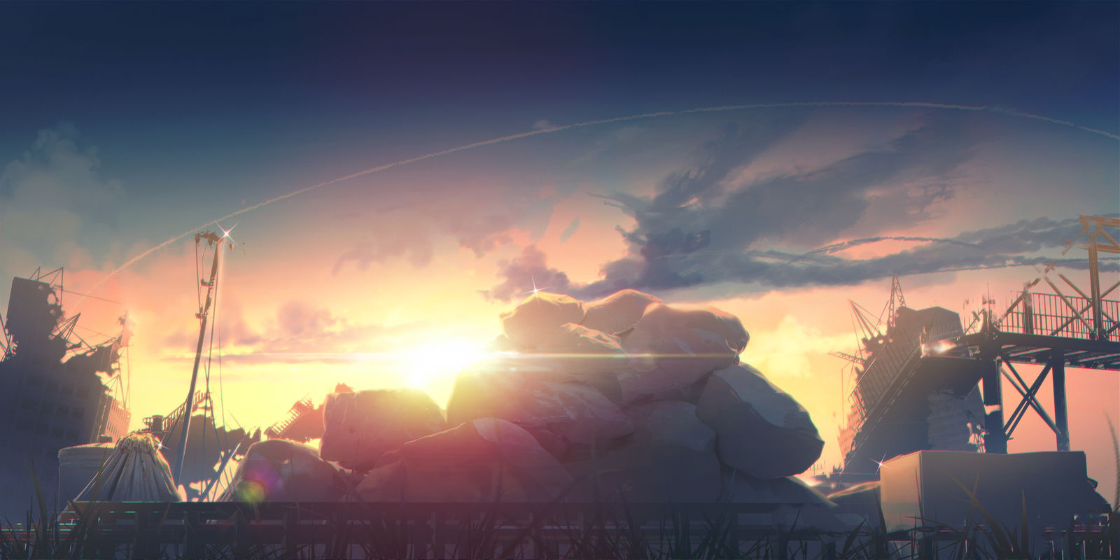 夕阳废场插画图片壁纸