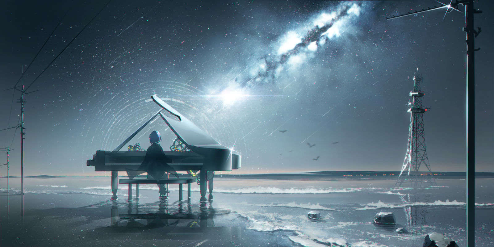 夜景海边插画图片壁纸