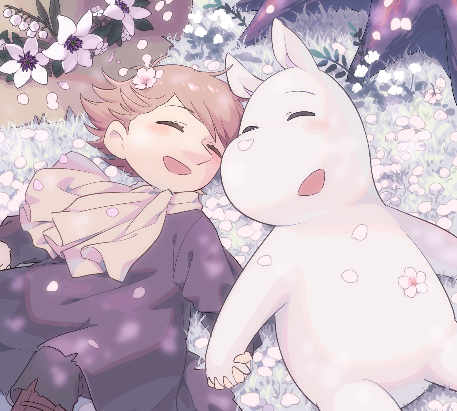 桜が散る木の下で插画图片壁纸