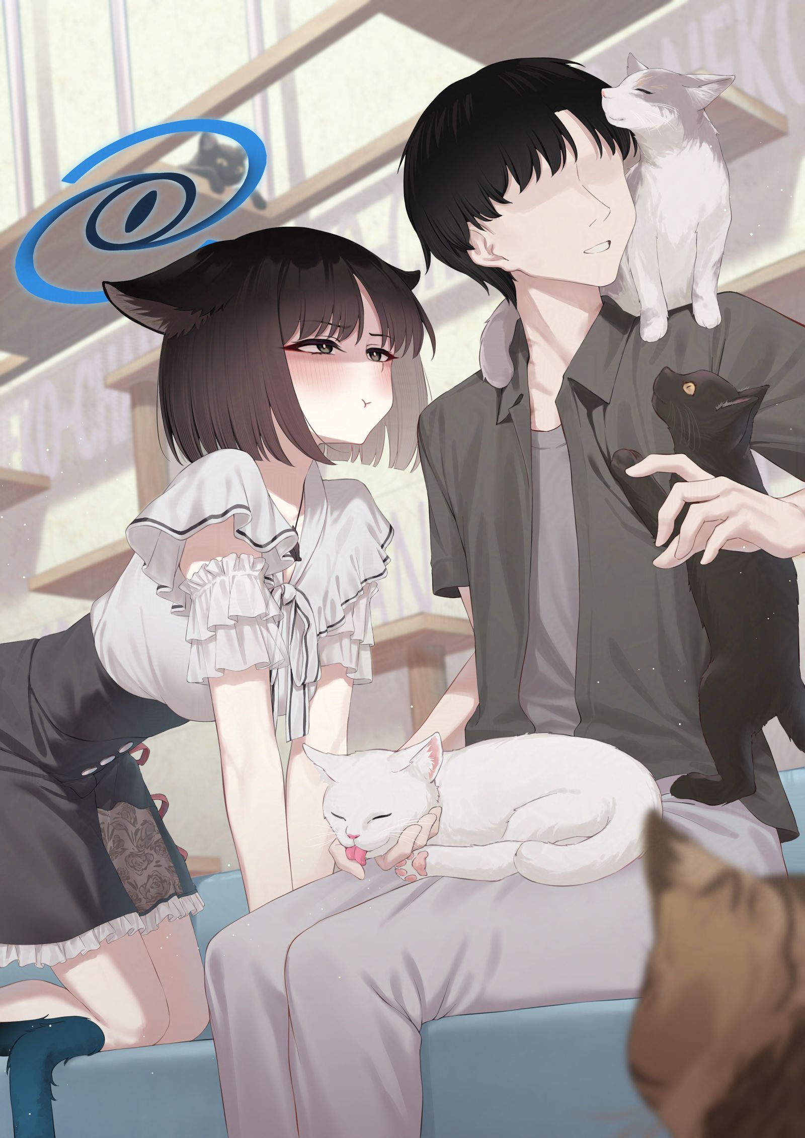 キキョウとデートシリーズその11：猫カフェ插画图片壁纸