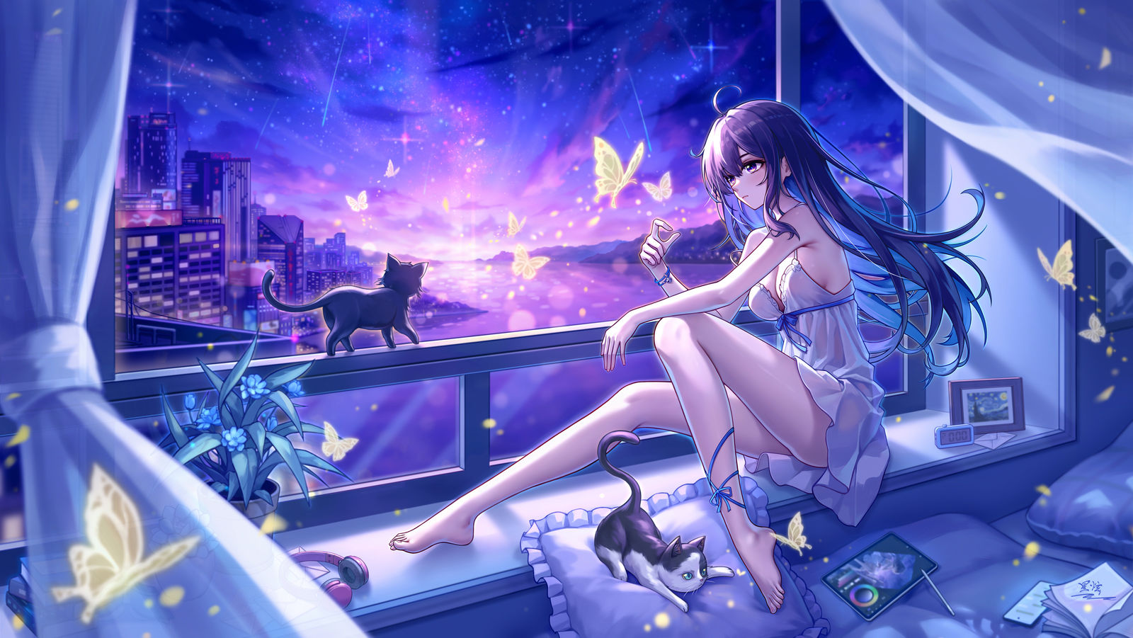 少女与猫插画图片壁纸