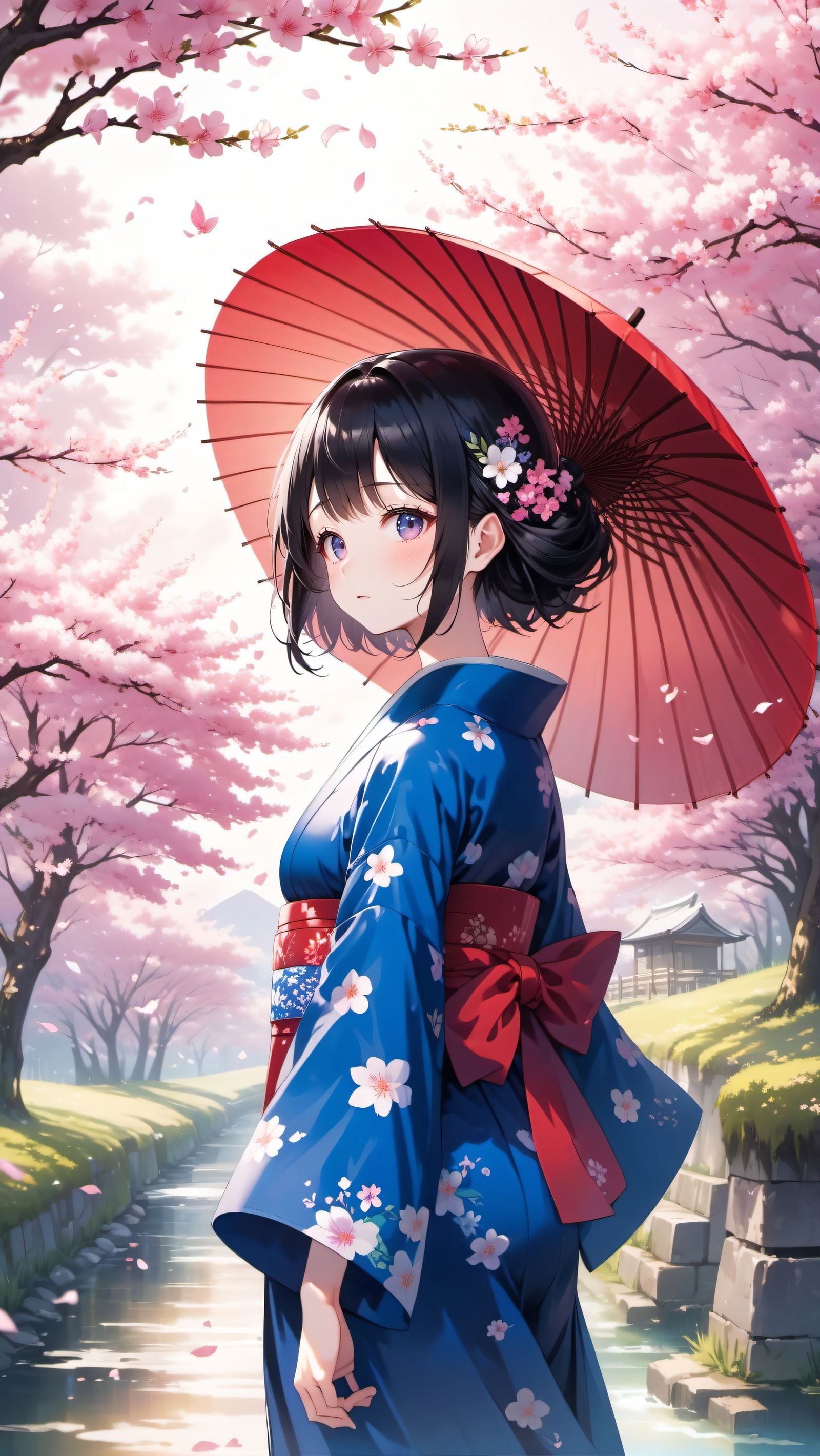 樱花下的期盼插画图片壁纸