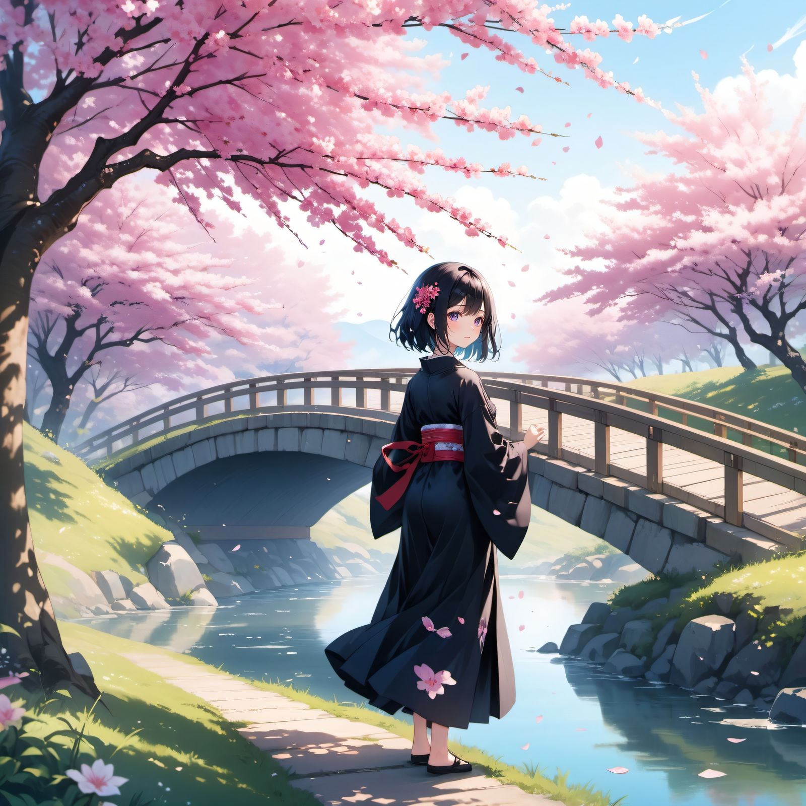 樱花树下的少女插画图片壁纸