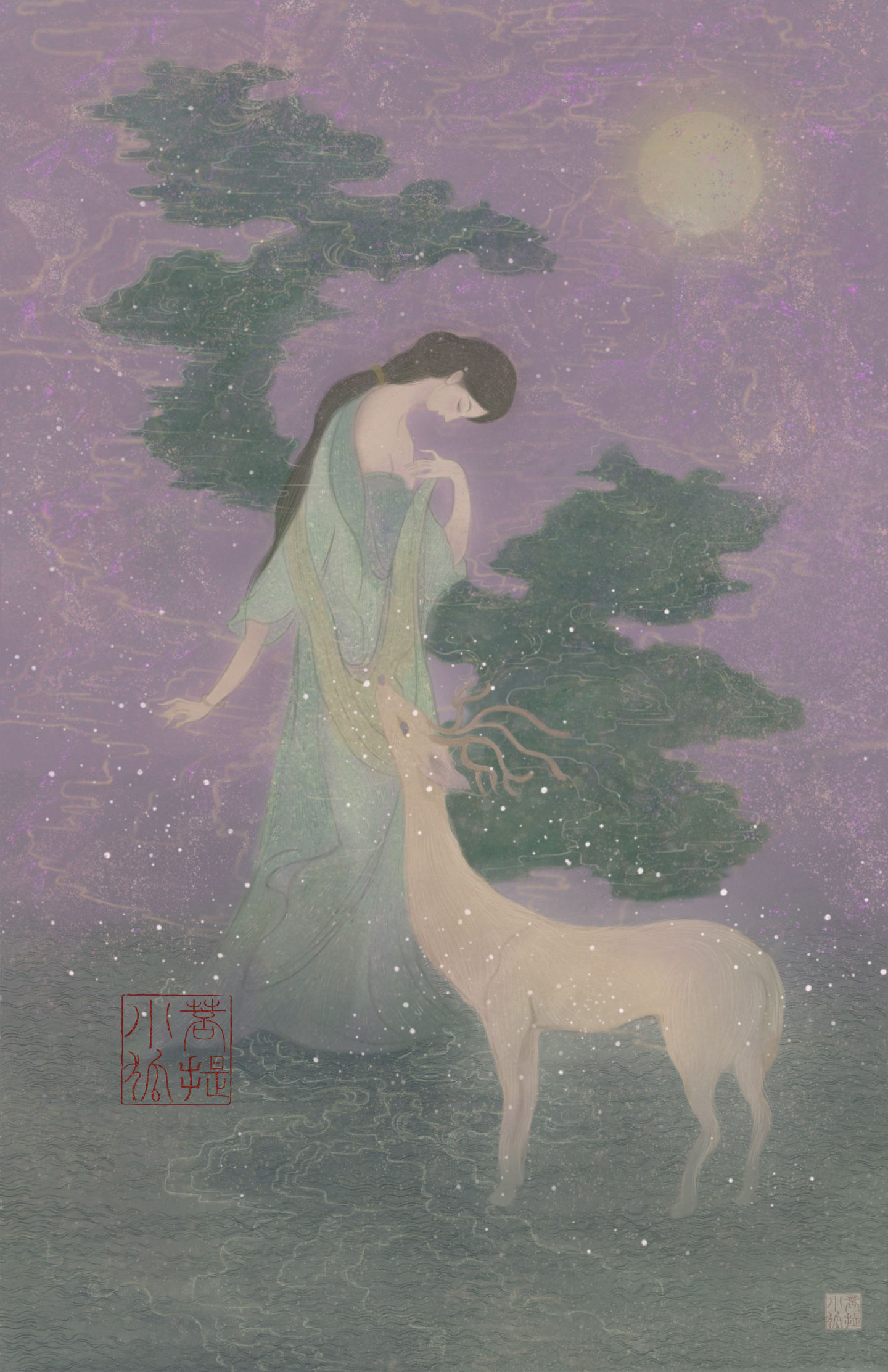 东方神女集  | 《松月伴灵鹿》 山海经里的夫诸白鹿，还有和它相伴在松月下的神女。头像同人高清图