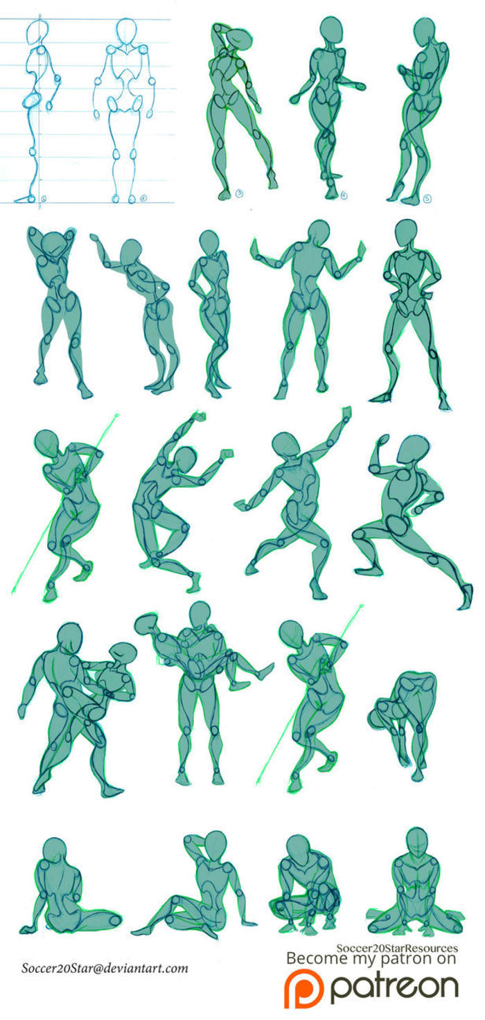 100种人体姿势练习参考素材，多角度，详细解刨人体。插画图片壁纸