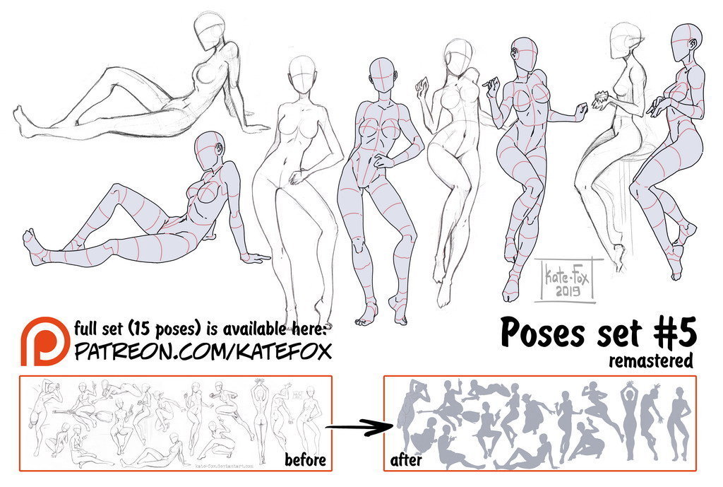 人体动态线稿参考，单人、cp等各种姿势都有，画师Kate-FoX 插画图片壁纸