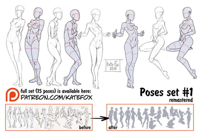 人体动态线稿参考，单人、cp等各种姿势都有，画师Kate-FoX 插画图片壁纸